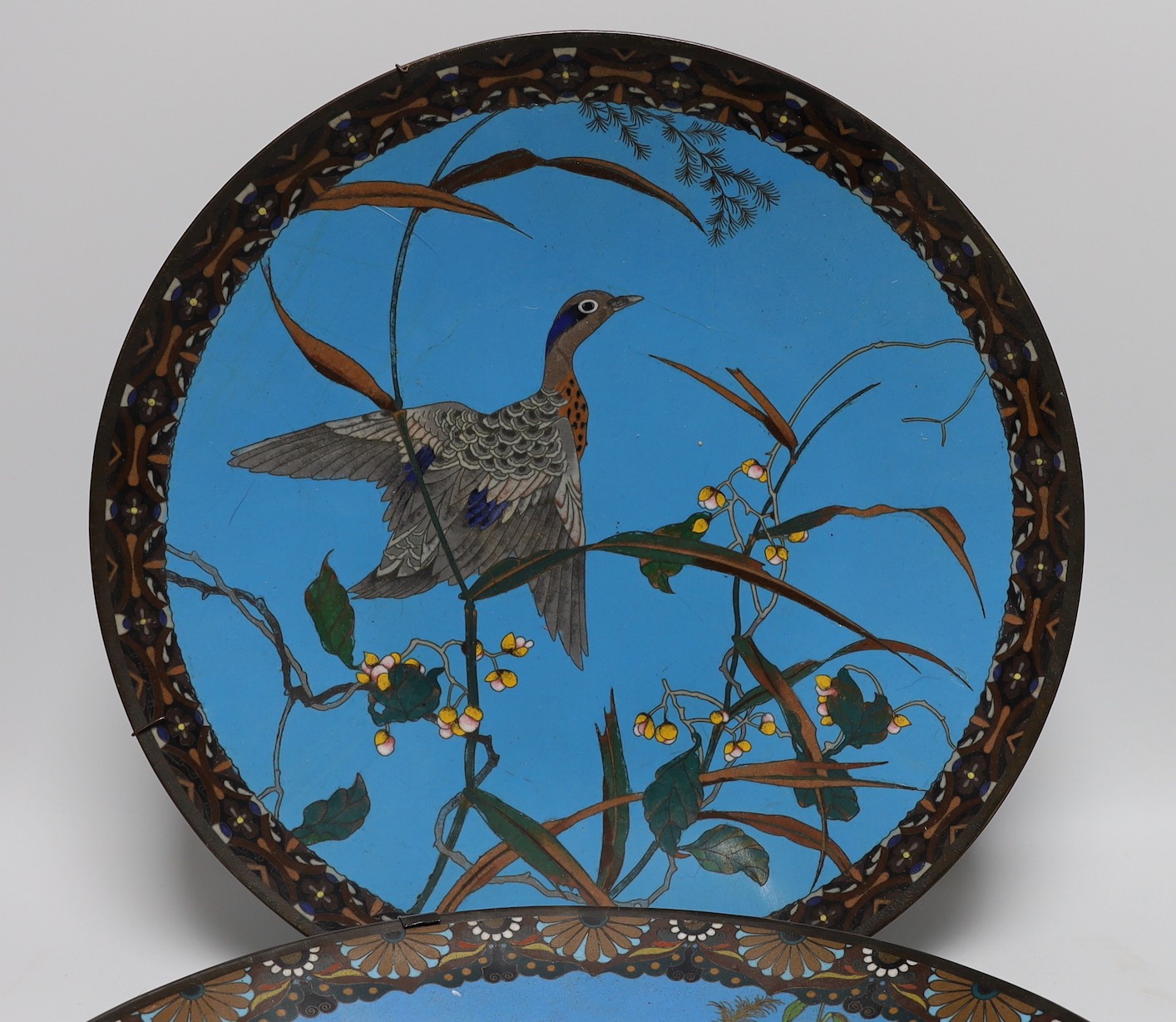 Two Japanese cloisonné enamel dishes, Meiji period, 39cm